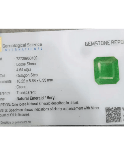 4.64ct Velvet Green Emerald Certified by GSI - SMSGEMS 