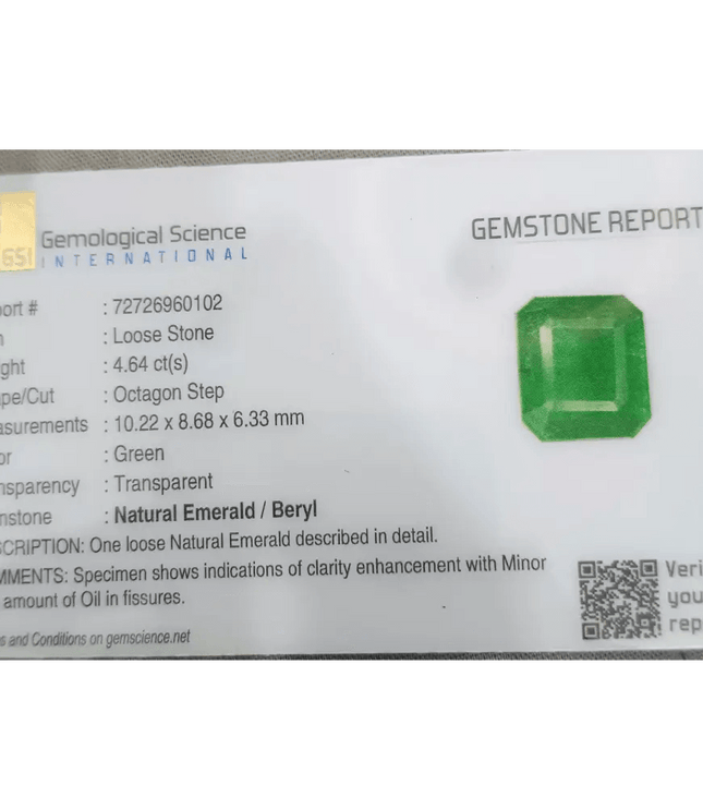 4.64ct Velvet Green Emerald Certified by GSI - SMSGEMS 