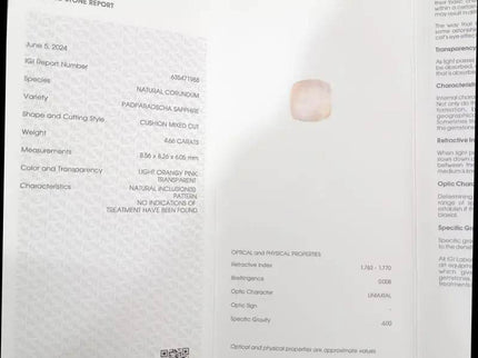 4.66ct IGI Certified Sunrise Padparadscha Sapphire , Natural Untreated Gemstone - SMSGEMS 