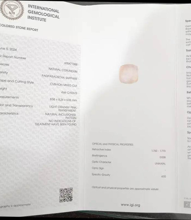 4.66ct IGI Certified Sunrise Padparadscha Sapphire , Natural Untreated Gemstone - SMSGEMS 