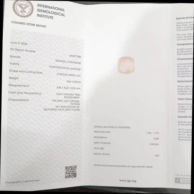 4.66ct IGI Certified Sunrise Padparadscha Sapphire , Natural Untreated Gemstone - SMSGEMS 