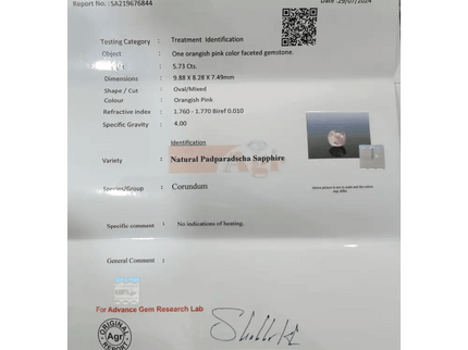 5.73ct Certified Padparadscha Sapphire , 100% Natural Untreated Gem. - SMSGEMS 