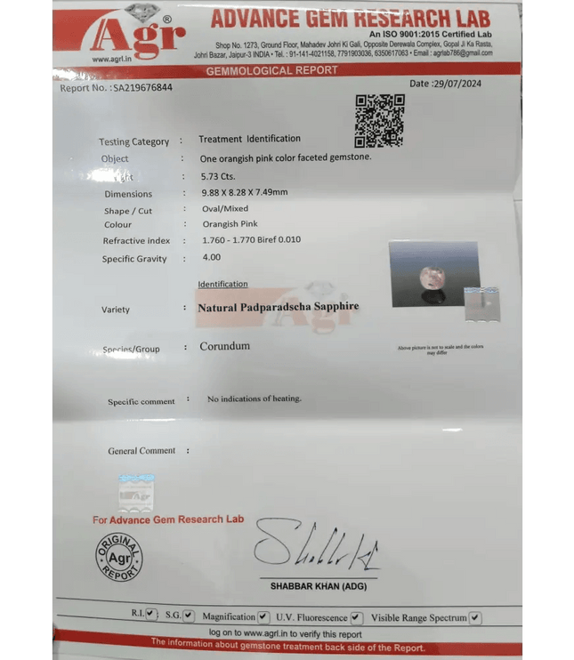 5.73ct Certified Padparadscha Sapphire , 100% Natural Untreated Gem. - SMSGEMS 