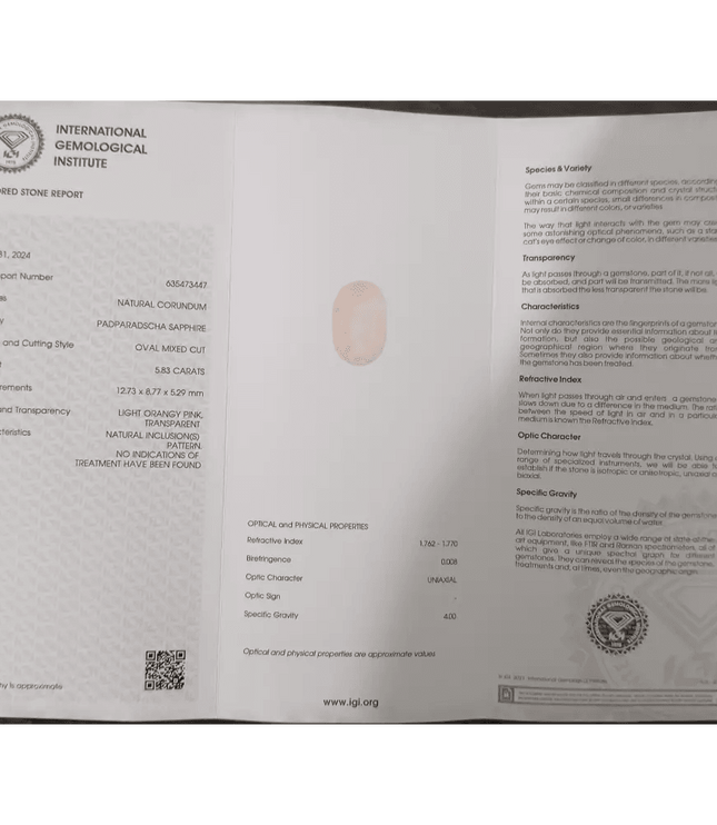5.83ct IGI Certified Rare Padparadscha Oval Cut Ceylon Sapphire, Natural Earth Mined untreated Gemstone - SMSGEMS 