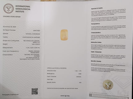 Unheated Padparadscha Sapphire 5.28ct Natural IGI Certified Cushion Cut Pinkish Orange Loose Gemstone