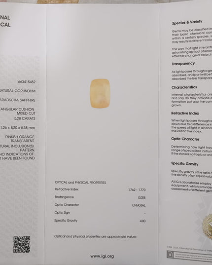 IGI Certified 5.28ct Ceylon Padparadscha Sapphire