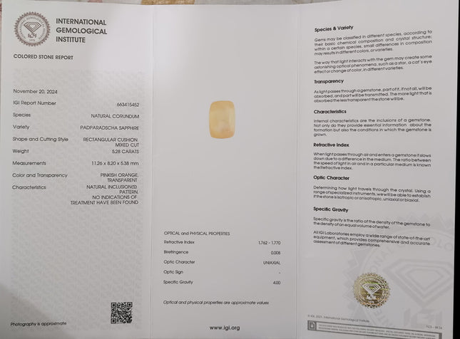 Unheated Padparadscha Sapphire 5.28ct Natural IGI Certified Cushion Cut Pinkish Orange Loose Gemstone