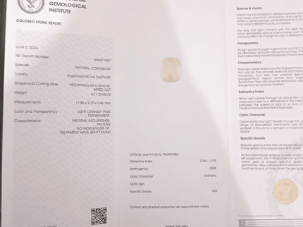 6.71ct IGI Certified Padparadscha Cushion Cut Ceylon Sapphire, Natural Earth Mined unheated Gemstone - SMSGEMS 