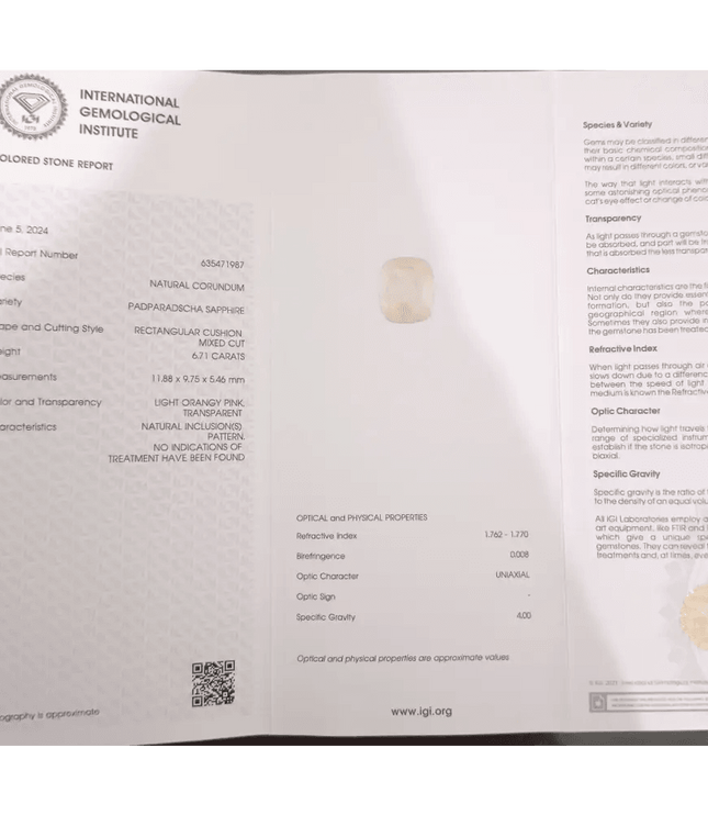 6.71ct IGI Certified Padparadscha Cushion Cut Ceylon Sapphire, Natural Earth Mined unheated Gemstone - SMSGEMS 