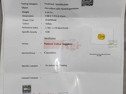 Yellow Sapphire 4.16ct Certified Natural unheated Loose Gemstone