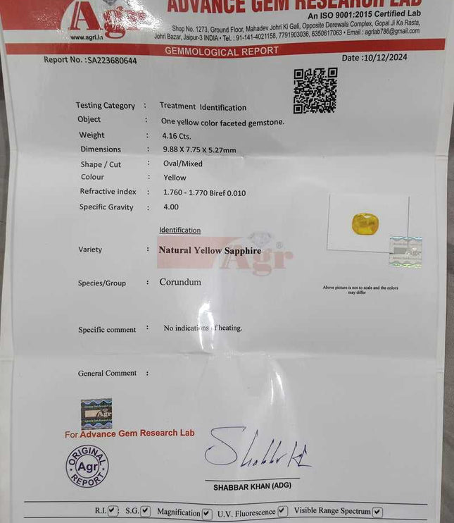 Yellow Sapphire 4.16ct Certified Natural unheated Loose Gemstone