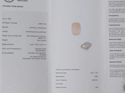 7.88ct IGI Certified Padparadscha Cushion Cut Ceylon Sapphire, Natural Earth Mined untreated Gemstone - SMSGEMS 