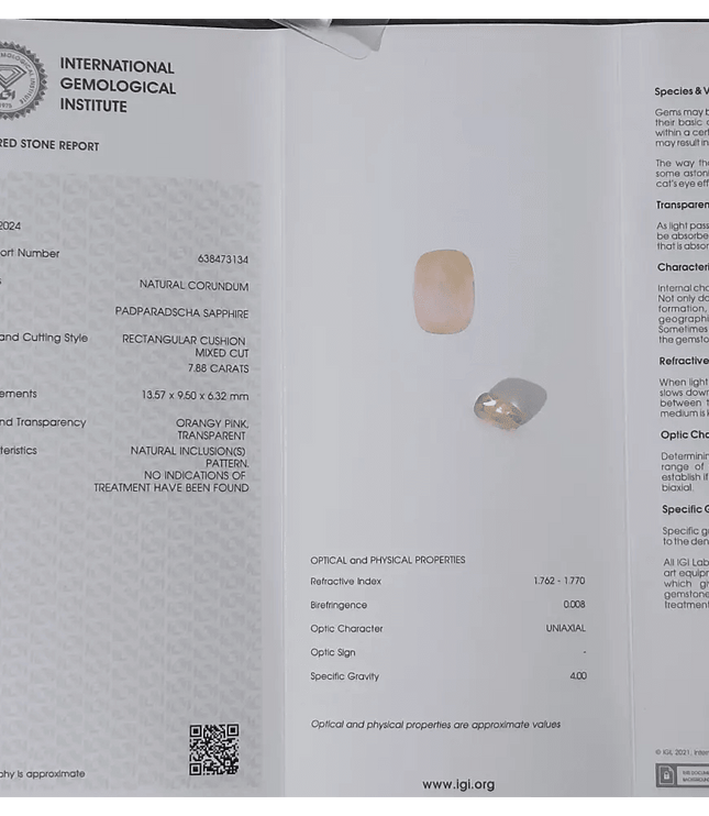 7.88ct IGI Certified Padparadscha Cushion Cut Ceylon Sapphire, Natural Earth Mined untreated Gemstone - SMSGEMS 