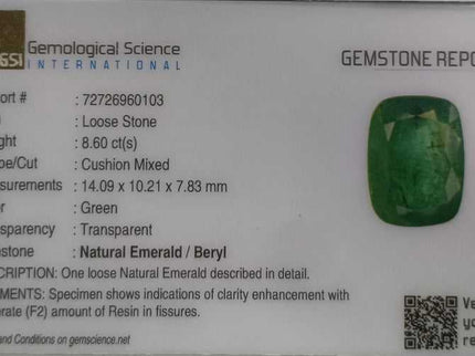 8.60ct GSI Certified Deep Green Swat Emerald