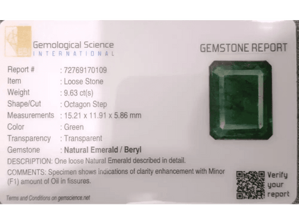 9.63ct Deep Green Zambian Emerald Natural Gemstone - SMSGEMS 