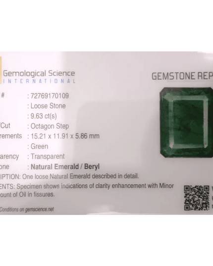 9.63ct Deep Green Zambian Emerald Natural Gemstone - SMSGEMS 