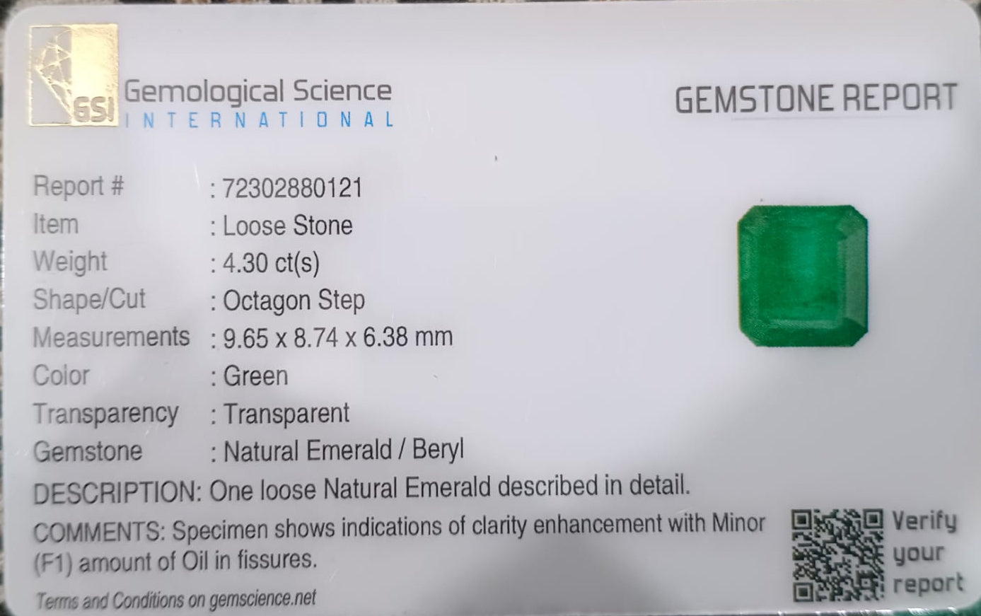 GSI Certified 4.30ct Velvet Green Colombian Emerald , 100% Natural Earth Mined Gemstone