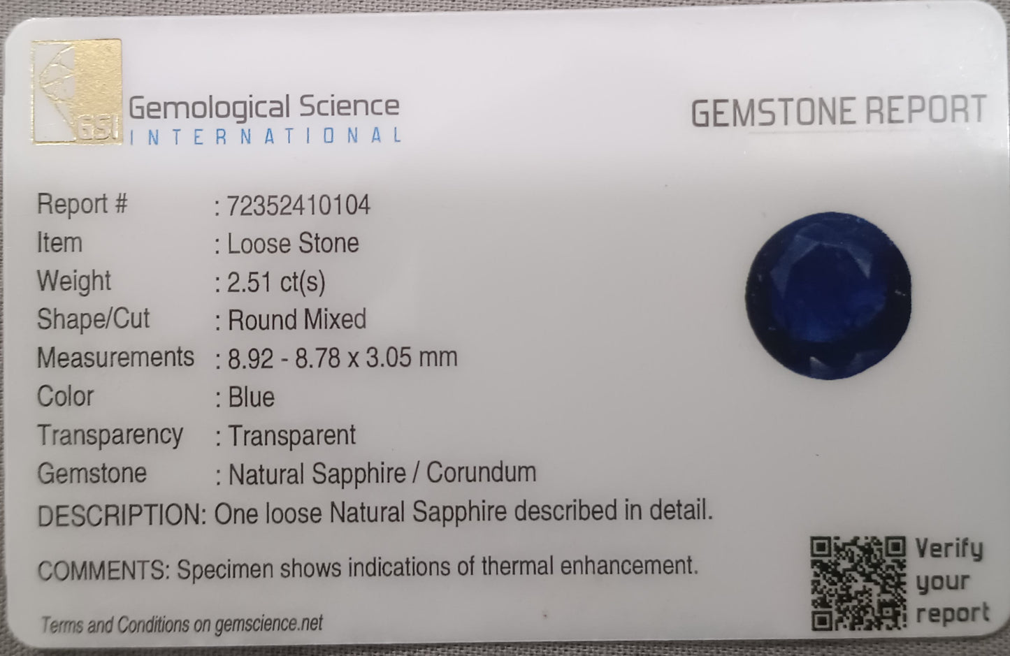 GSI Certified 2.51ct Royal Blue Ceylon Sapphire, 100% Natural Earth Mined Gemstone