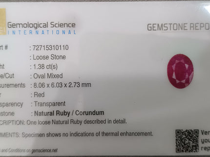 Certified 1.38ct Untreated Natural Mozambique Ruby Stone.