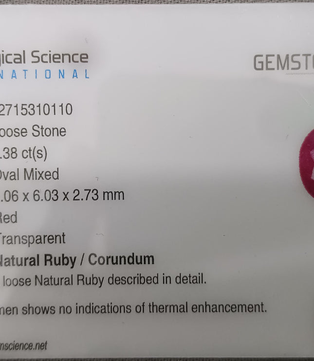 Certified 1.38ct Untreated Natural Mozambique Ruby Stone.