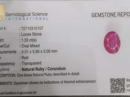 Certified 1.33ct Untreated Natural Mozambique Ruby Stone.