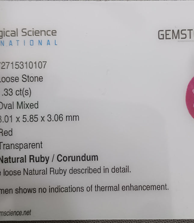 Certified 1.33ct Untreated Natural Mozambique Ruby Stone.