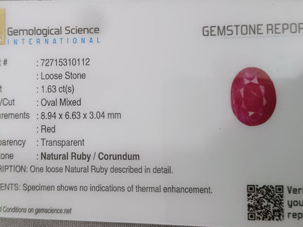 Certified 1.63ct Untreated Natural Mozambique Ruby Stone.