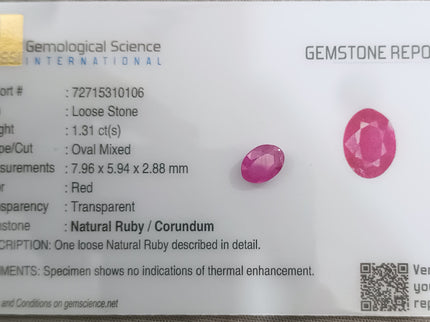 GSI report for 1.31ct natural untreated ruby gemstone, showing measurements and details of pinkish-red color and clarity.
