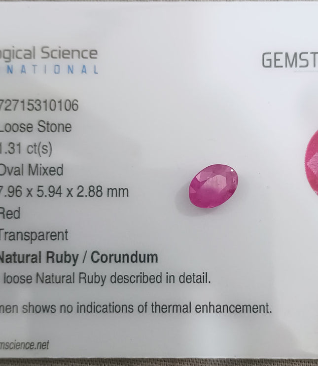 GSI report for 1.31ct natural untreated ruby gemstone, showing measurements and details of pinkish-red color and clarity.