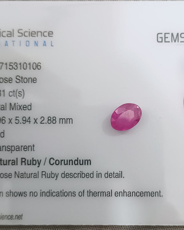 GSI report for 1.31ct natural untreated ruby gemstone, showing measurements and details of pinkish-red color and clarity.