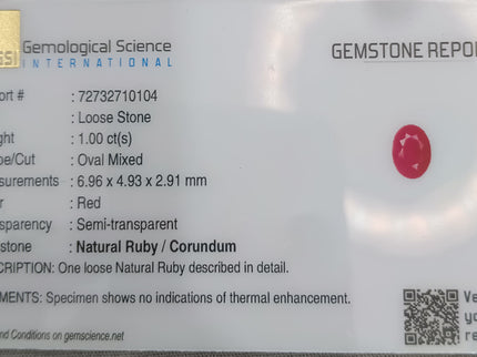 GSI report for 1.00ct natural untreated African ruby, oval mixed cut, semi-transparent, UV compliance for enhanced authenticity.