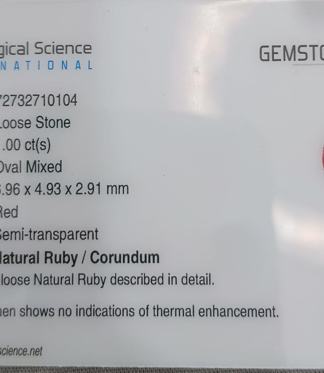 GSI report for 1.00ct natural untreated African ruby, oval mixed cut, semi-transparent, UV compliance for enhanced authenticity.