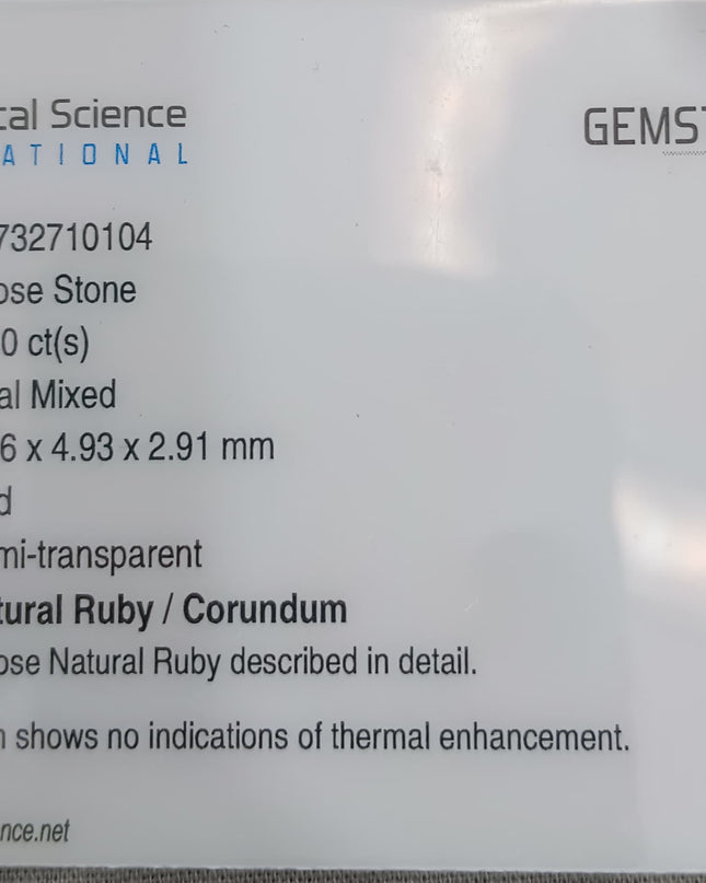 GSI report for 1.00ct natural untreated African ruby, oval mixed cut, semi-transparent, UV compliance for enhanced authenticity.
