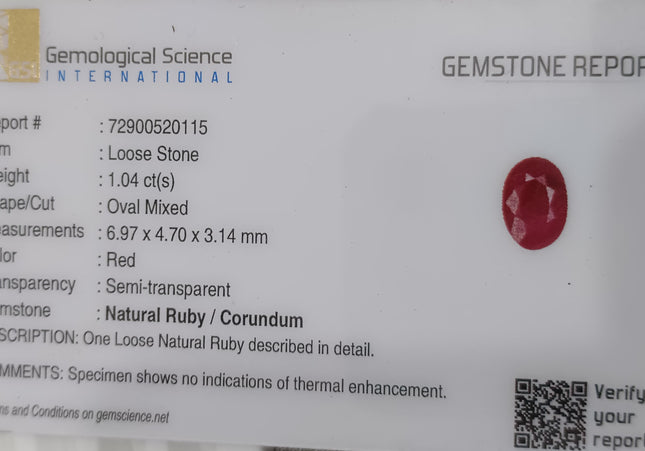 GSI Certified 1.04ct Mozambique Ruby Natural untreated Gemstone