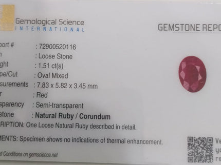 Mozambique Ruby 1.51ct Certified Natural Untreated Gemstone