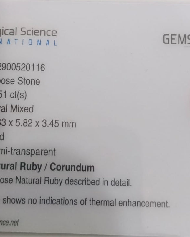 GSI Certified 1.51ct Mozambique Ruby natural untreated gemstone