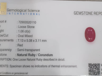 GSI Certified 1.06ct Mozambique Ruby Natural untreated Gemstone