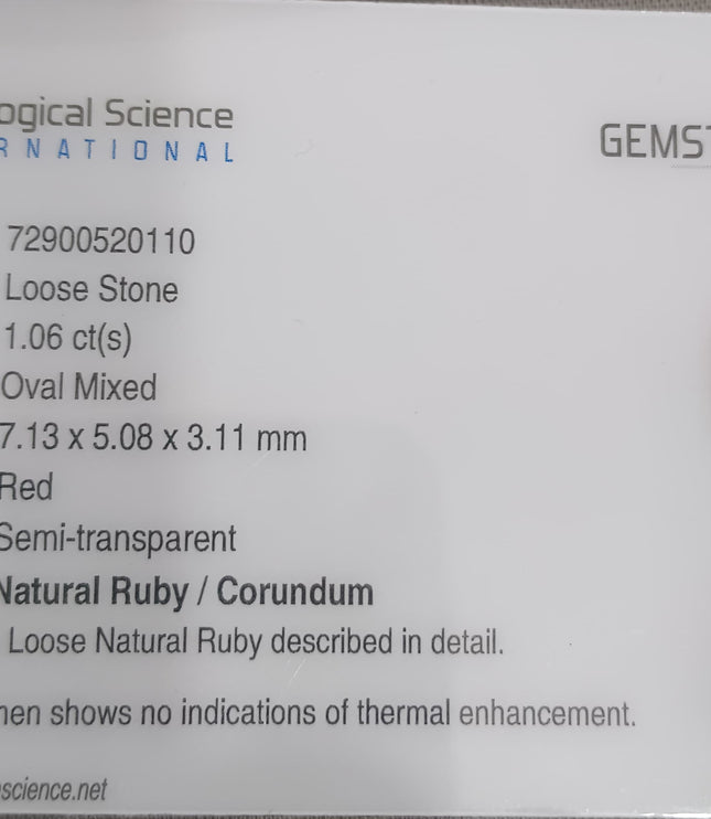 GSI Certified 1.06ct Mozambique Ruby Natural untreated Gemstone