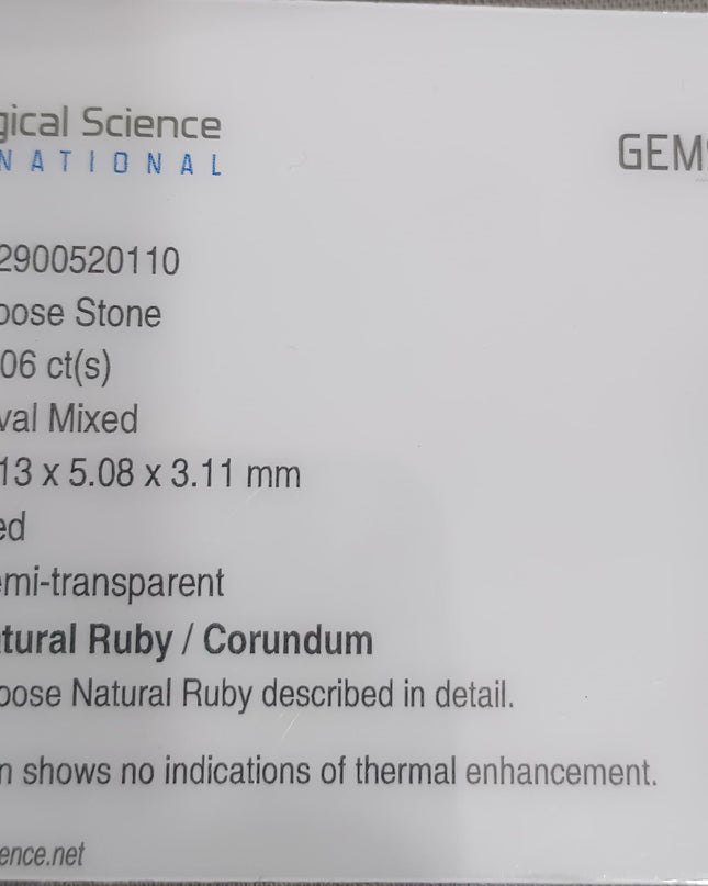 GSI Certified 1.06ct Mozambique Ruby Natural untreated Gemstone