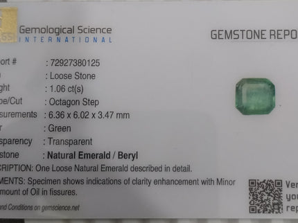 1.06ct Natural Emerald GSI Certified Zambian Medium Green Octagon Cut Gemstone