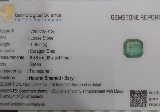 GSI Certified 1.06ct Medium Light Green Zambian Emerald, Natural Gemstone