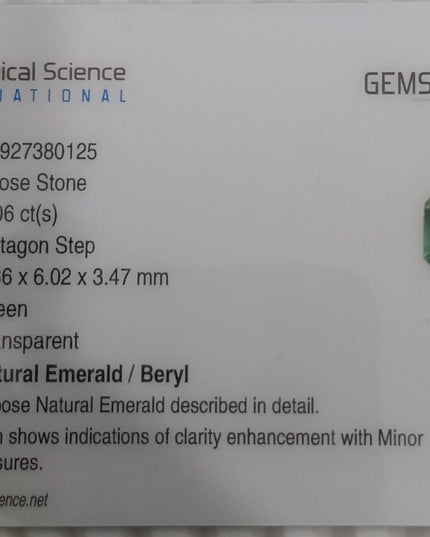 GSI Certified 1.06ct Medium Light Green Zambian Emerald, Natural Gemstone