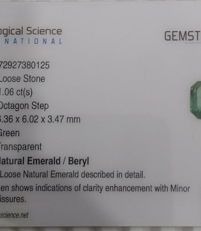 Zambian Emerald 1.06ct Medium Light Green Certified Natural Gemstone
