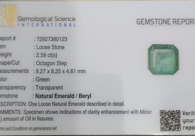GSI Certified 2.59ct Medium Green Zambian Emerald, Natural earth mined Gemstone