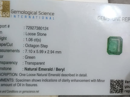 GSI Certified 1.06ct Spring Green Emerald, Natural Earth mined Gemstone
