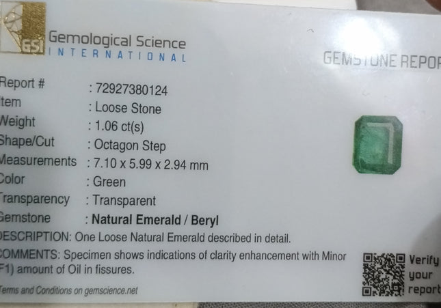 GSI Certified 1.06ct Spring Green Emerald, Natural Earth mined Gemstone