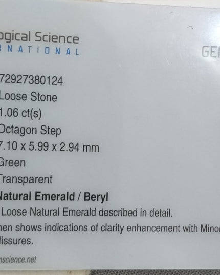 GSI Certified 1.06ct Spring Green Emerald, Natural Earth mined Gemstone