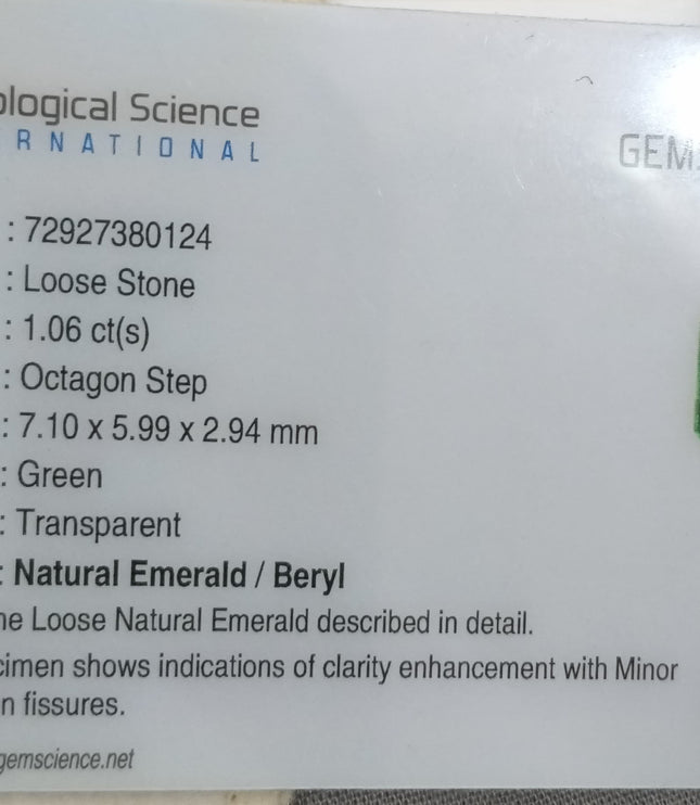 GSI Certified 1.06ct Spring Green Emerald, Natural Earth mined Gemstone