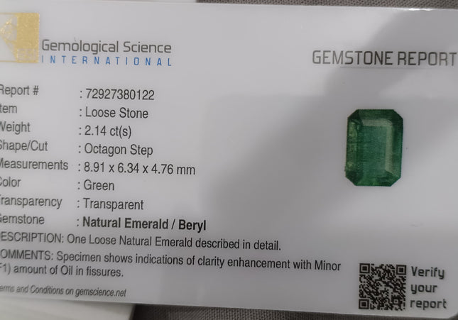 GSI Certified 2.14ct Medium Deep Green Emerald, Natural earth mined Gemstone.