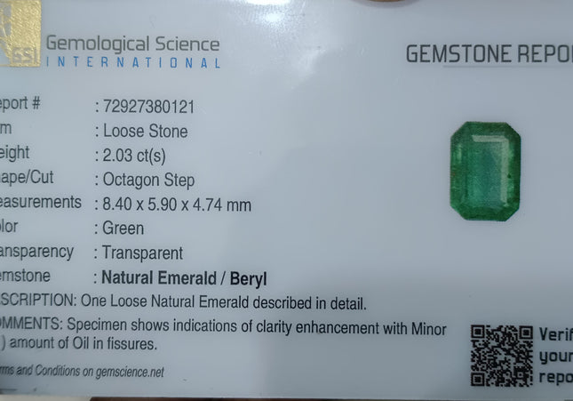 GSI Certified 2.03ct Medium Vivid Green Emerald, Natural earth mined Gemstone